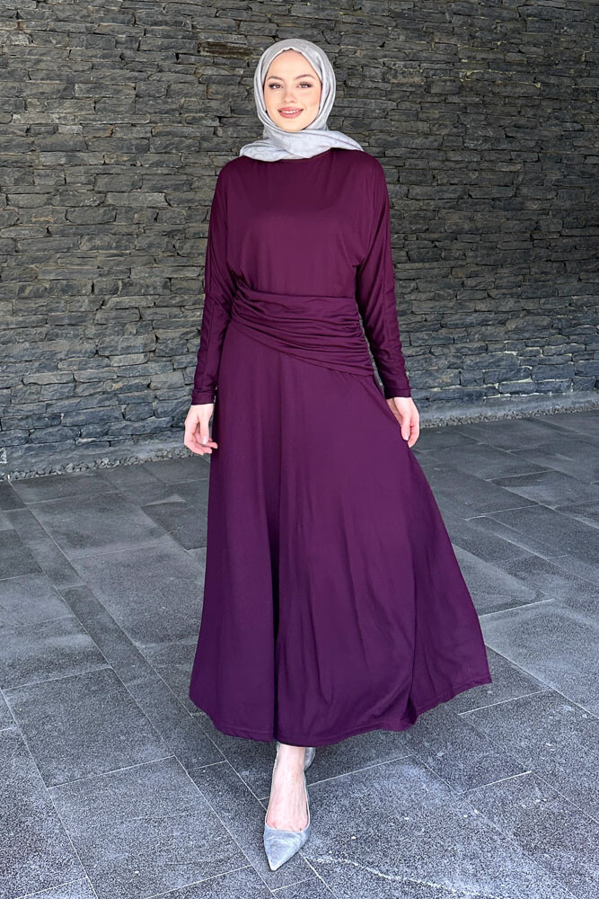 Önü Pile Detaylı Elbise - Mürdüm - ENMA (4)