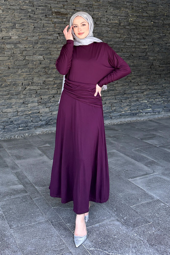 Önü Pile Detaylı Elbise - Mürdüm - ENMA (1)