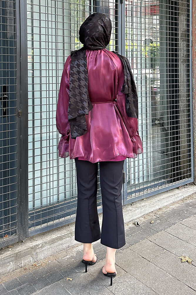 Organze Gül Detaylı Bluz - Bordo - 8