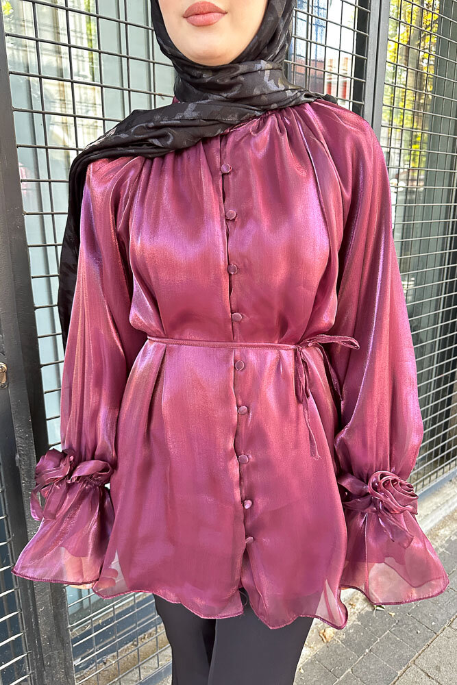 Organze Gül Detaylı Bluz - Bordo - 3