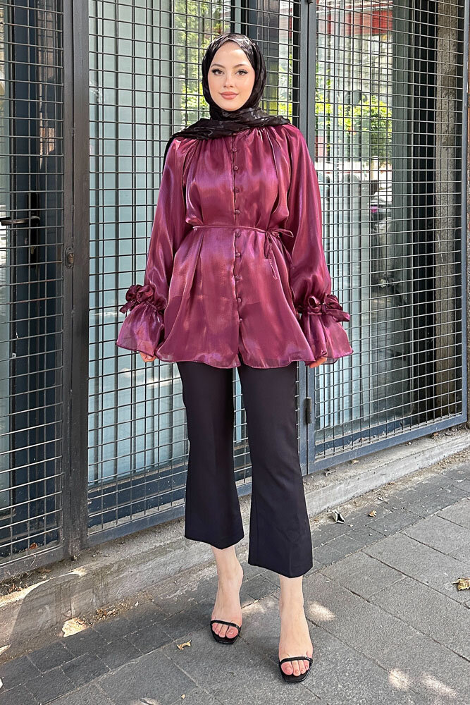 Organze Gül Detaylı Bluz - Bordo - 4