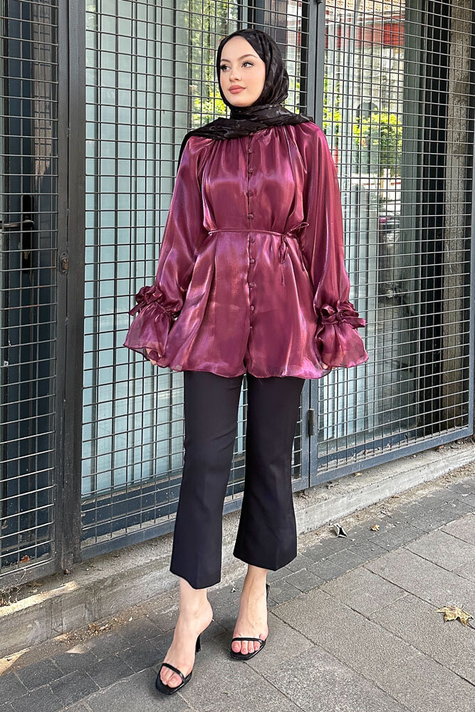 Organze Gül Detaylı Bluz - Bordo - 6