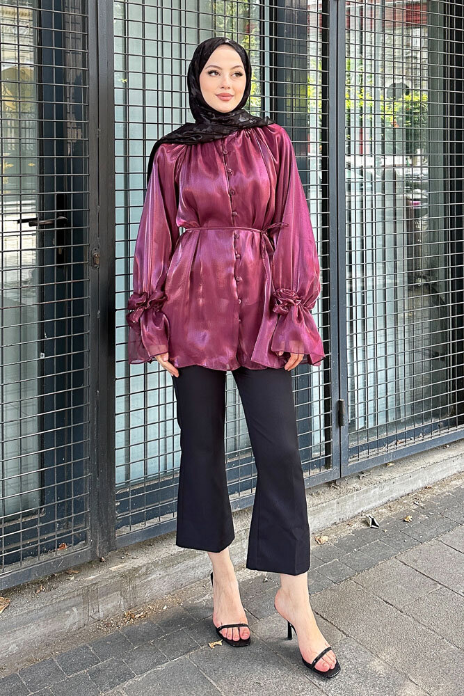 Organze Gül Detaylı Bluz - Bordo - 1
