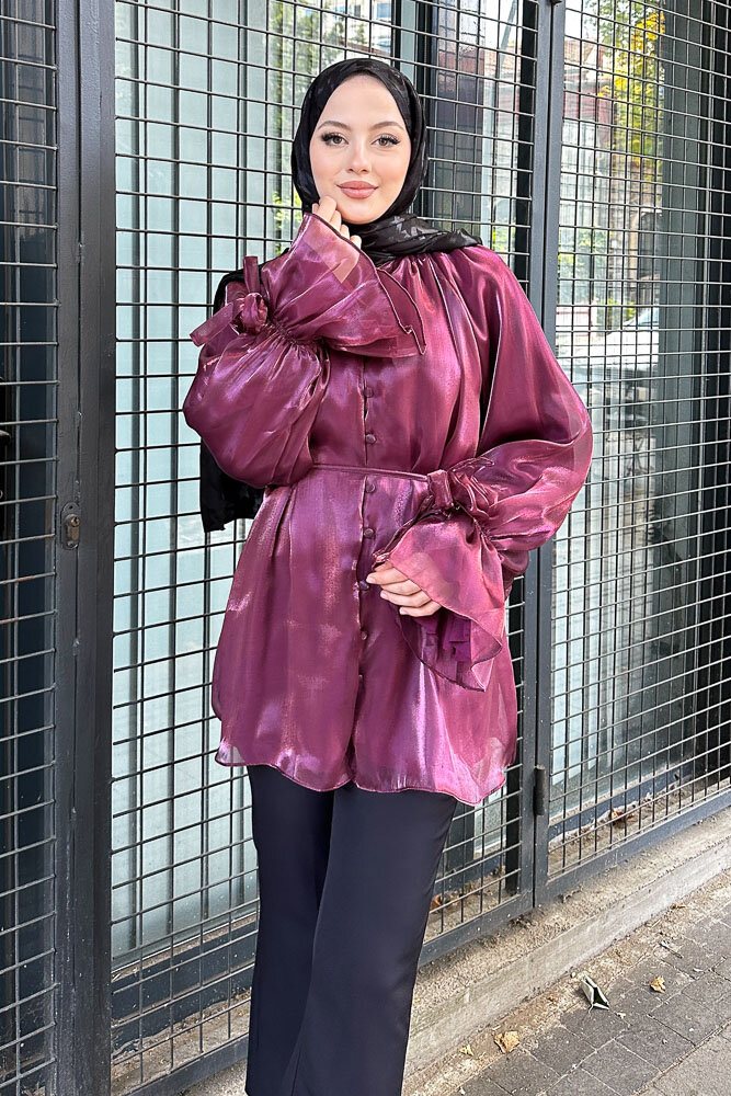 Organze Gül Detaylı Bluz - Bordo - 5