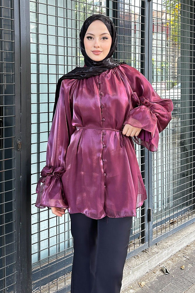 Organze Gül Detaylı Bluz - Bordo - 7