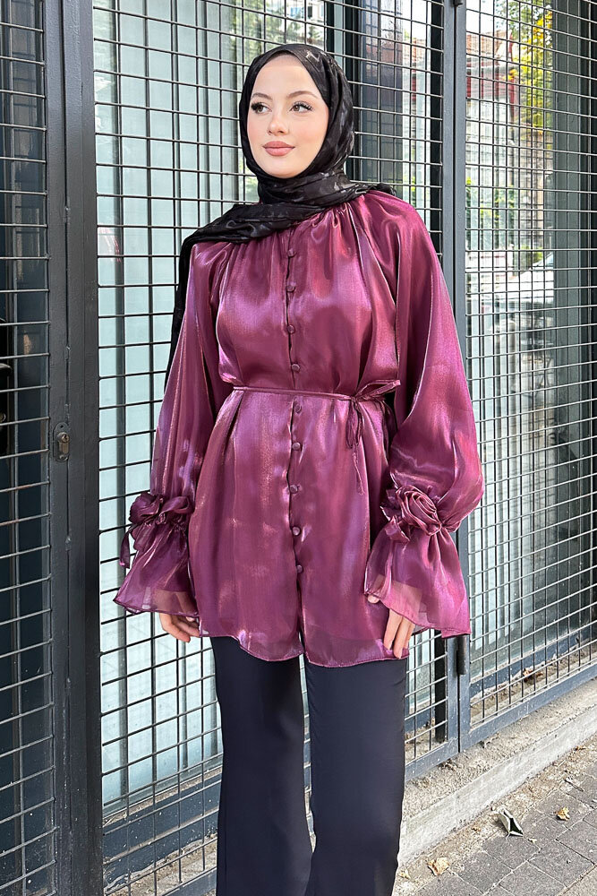 Organze Gül Detaylı Bluz - Bordo - 2
