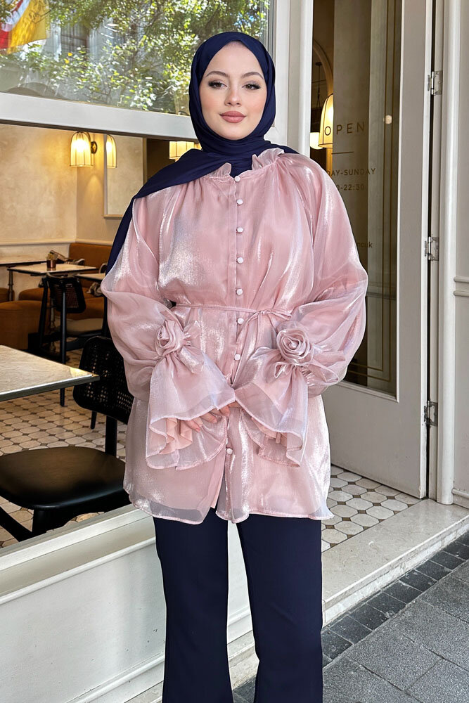 Organze Gül Detaylı Bluz - Pudra - 4