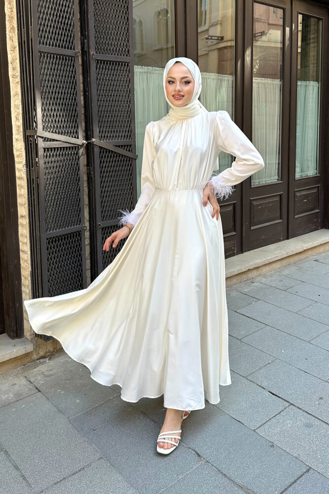 Otrişli Grace Elbise - Ekru - HENZA (2)