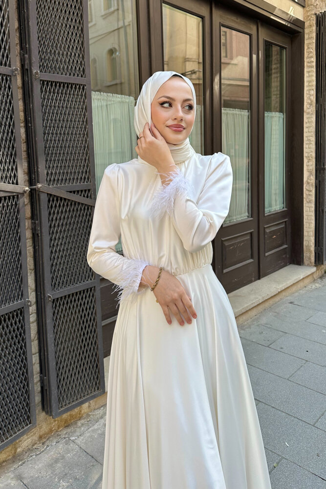 Otrişli Grace Elbise - Ekru - HENZA (4)