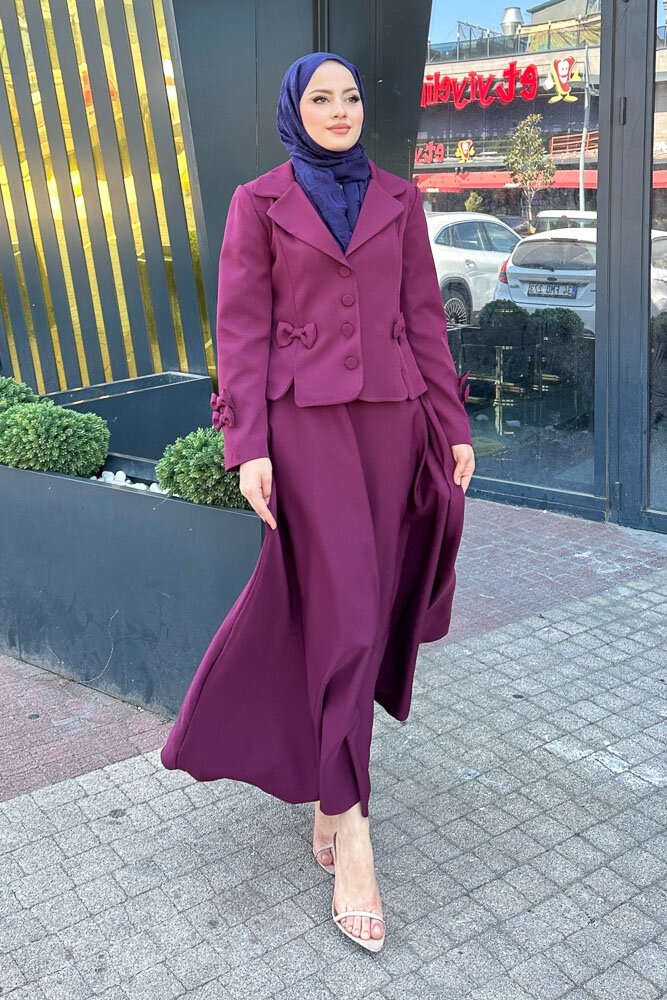 Oval Yırtmaçlı Etek Takım - Burgonya - 3
