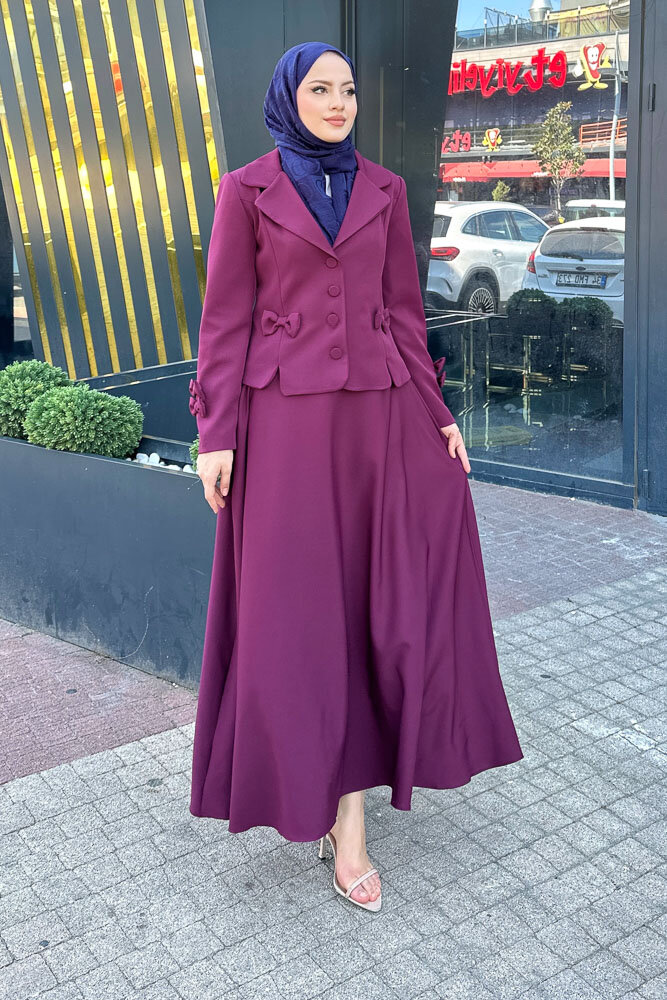 Oval Yırtmaçlı Etek Takım - Burgonya - 4