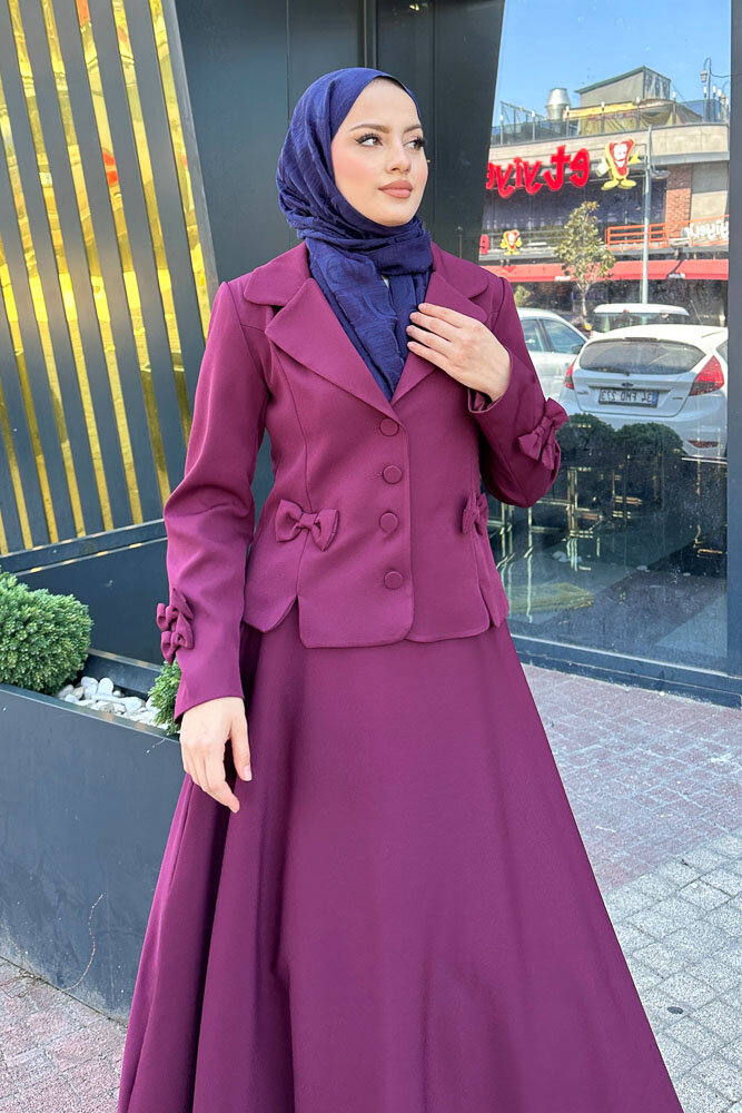 Oval Yırtmaçlı Etek Takım - Burgonya - 5