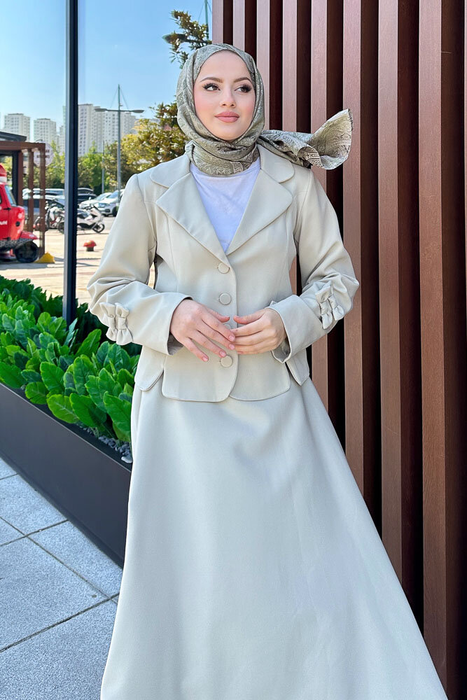 Oval Yırtmaçlı Etek Takım - Küf Yeşili - 3