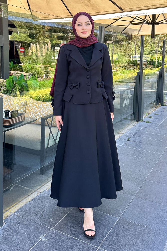Oval Yırtmaçlı Etek Takım - Siyah - 2