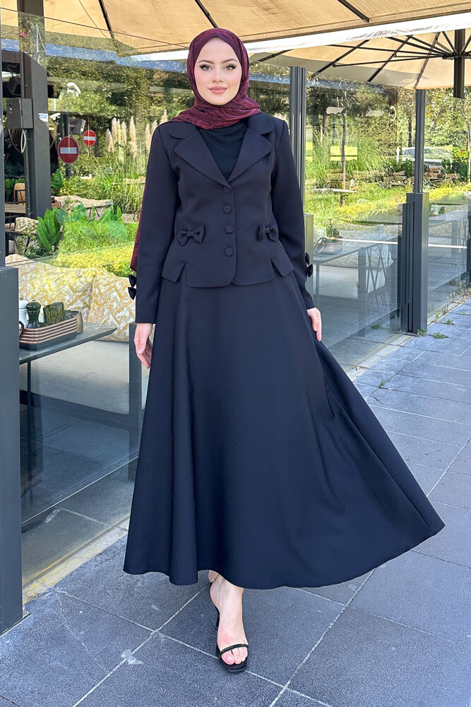 Oval Yırtmaçlı Etek Takım - Siyah - 1