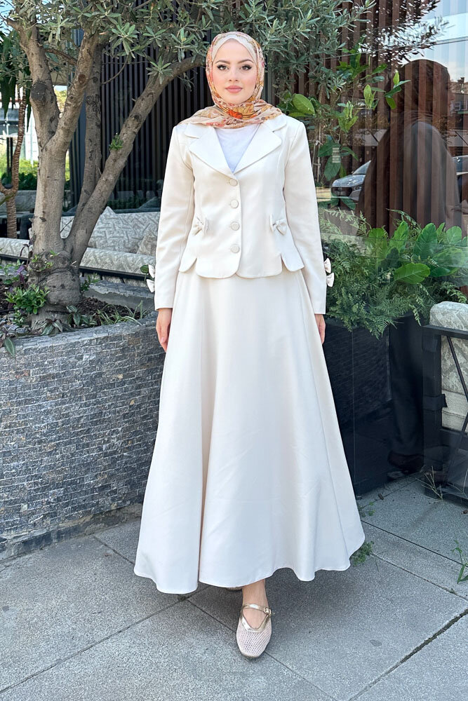 Oval Yırtmaçlı Etek Takım - Taş Rengi - HENZA (4)