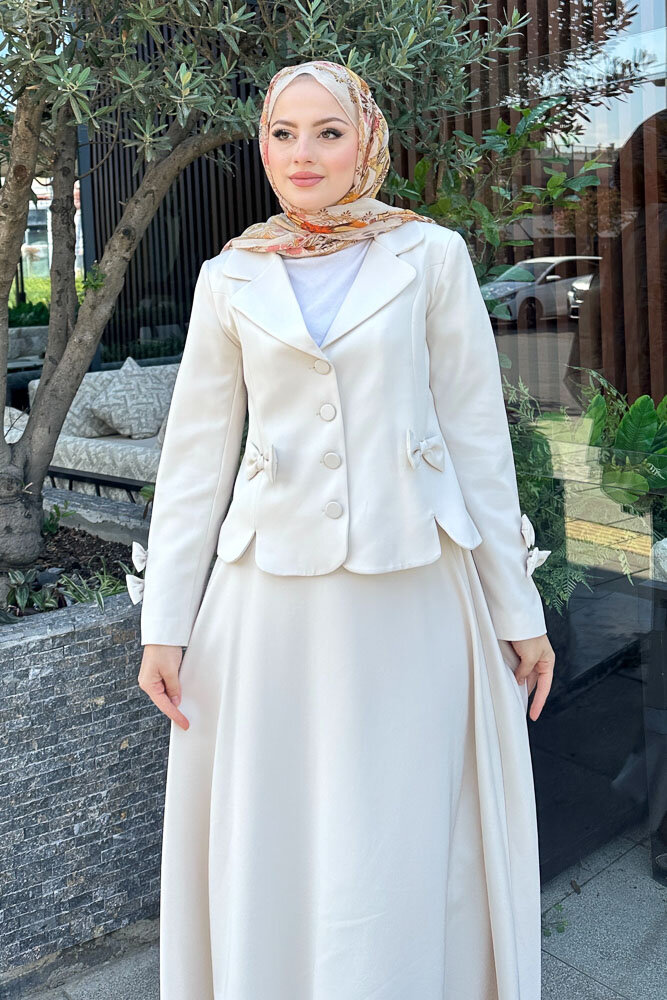Oval Yırtmaçlı Etek Takım - Taş Rengi - 6