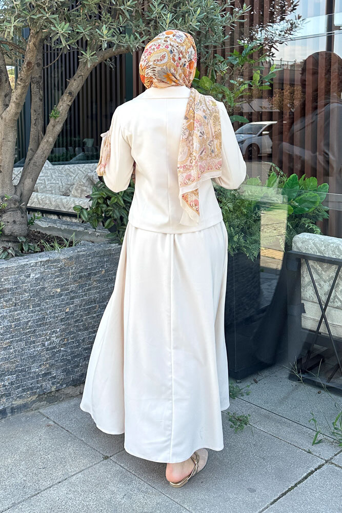 Oval Yırtmaçlı Etek Takım - Taş Rengi - 8