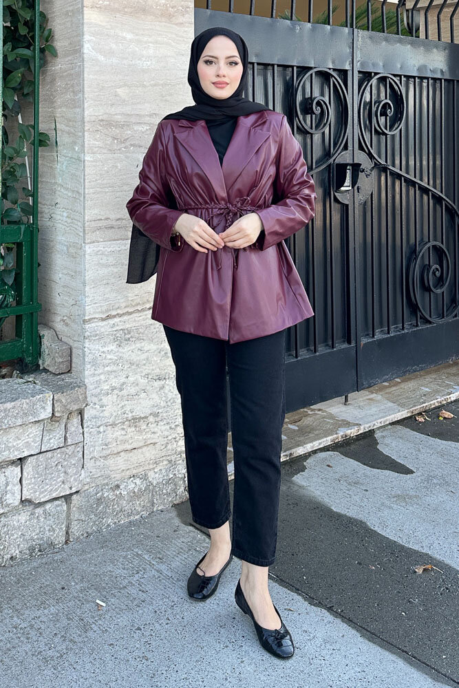 Oversize Deri Ceket - Bordo - 1