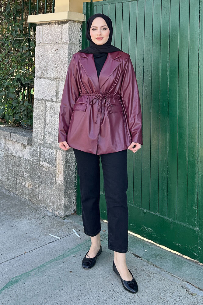 Oversize Deri Ceket - Bordo - 2