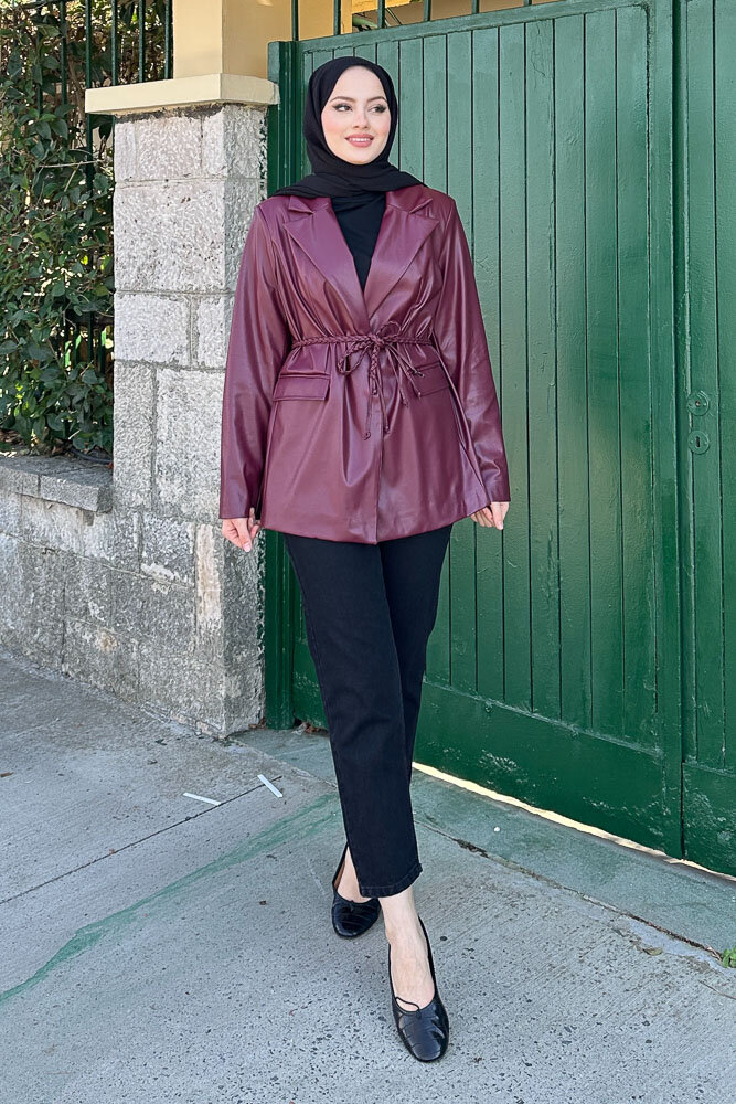 Oversize Deri Ceket - Bordo - 5