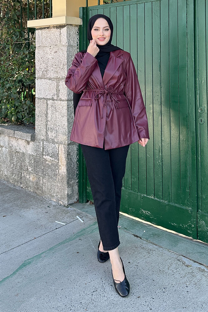 Oversize Deri Ceket - Bordo - 6
