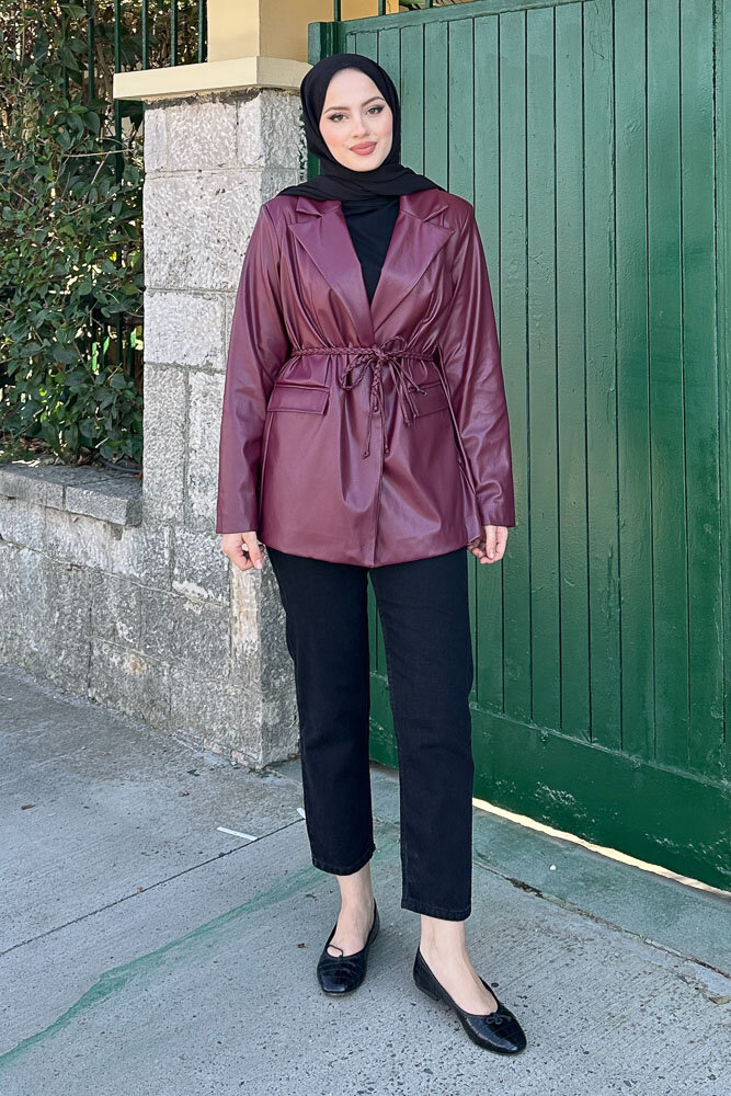 Oversize Deri Ceket - Bordo - 8