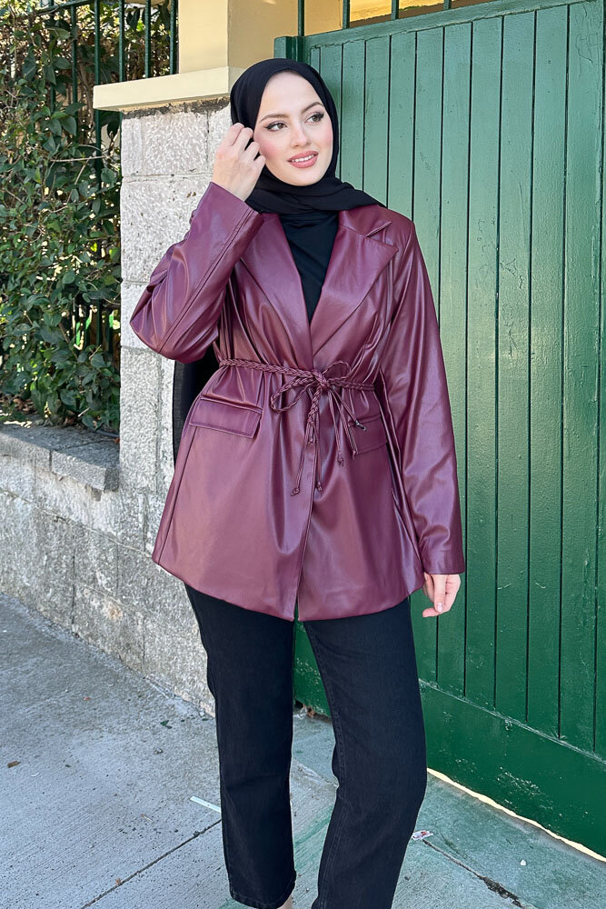 Oversize Deri Ceket - Bordo - 3