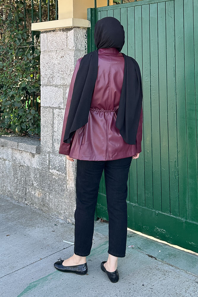 Oversize Deri Ceket - Bordo - 7