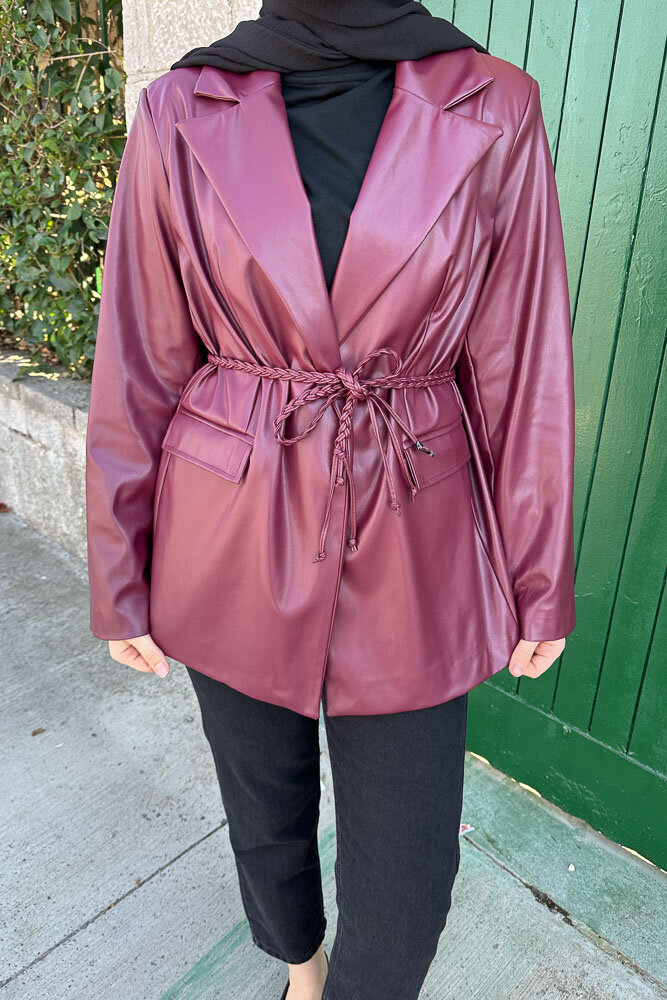Oversize Deri Ceket - Bordo - 4