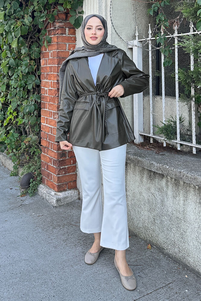 Oversize Deri Ceket - Haki - 5
