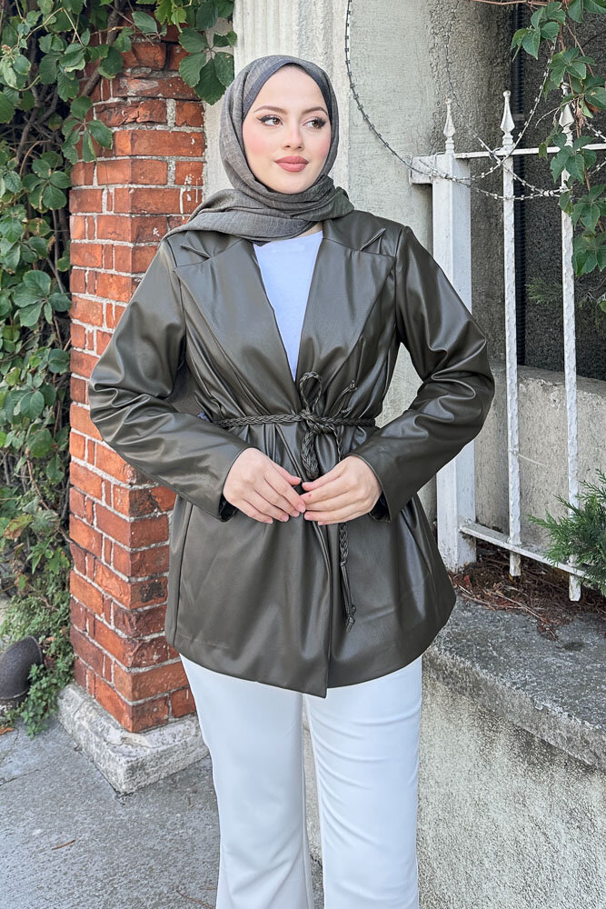 Oversize Deri Ceket - Haki - 6