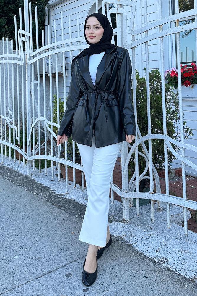 Oversize Deri Ceket - Siyah - 4