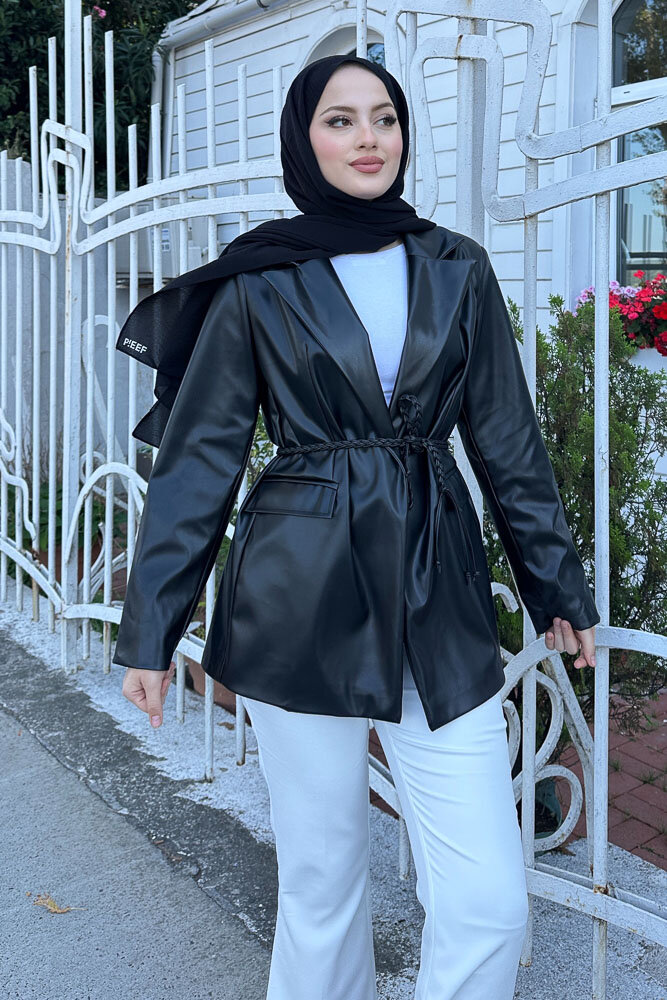 Oversize Deri Ceket - Siyah - 5