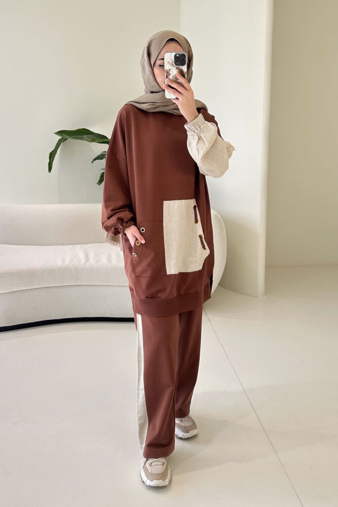 Palm Keten Karışımlı Takım - Kahverengi - 5