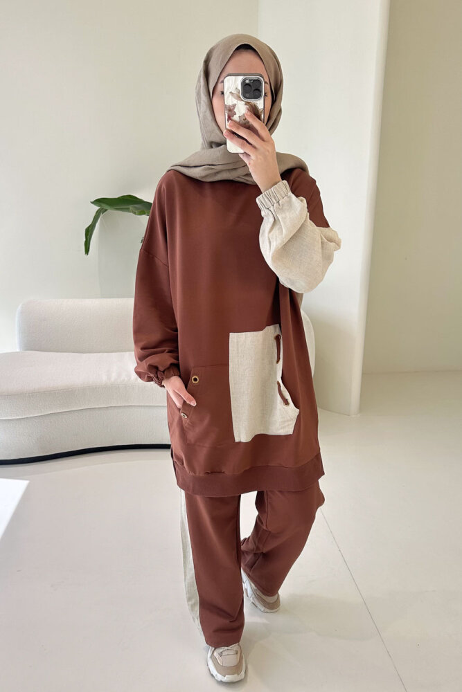 Palm Keten Karışımlı Takım - Kahverengi - 7