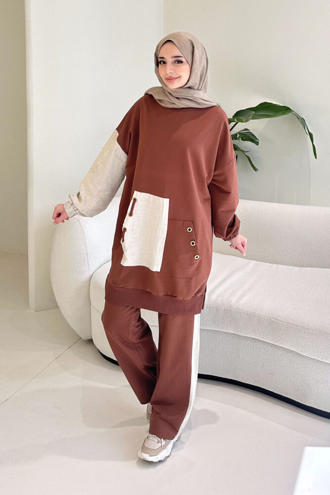 Palm Keten Karışımlı Takım - Kahverengi - 1