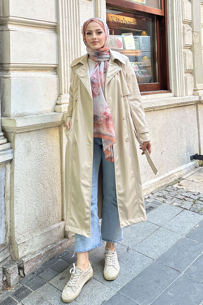 Parçalı Deri Trençkot - Bej - HENZA (1)