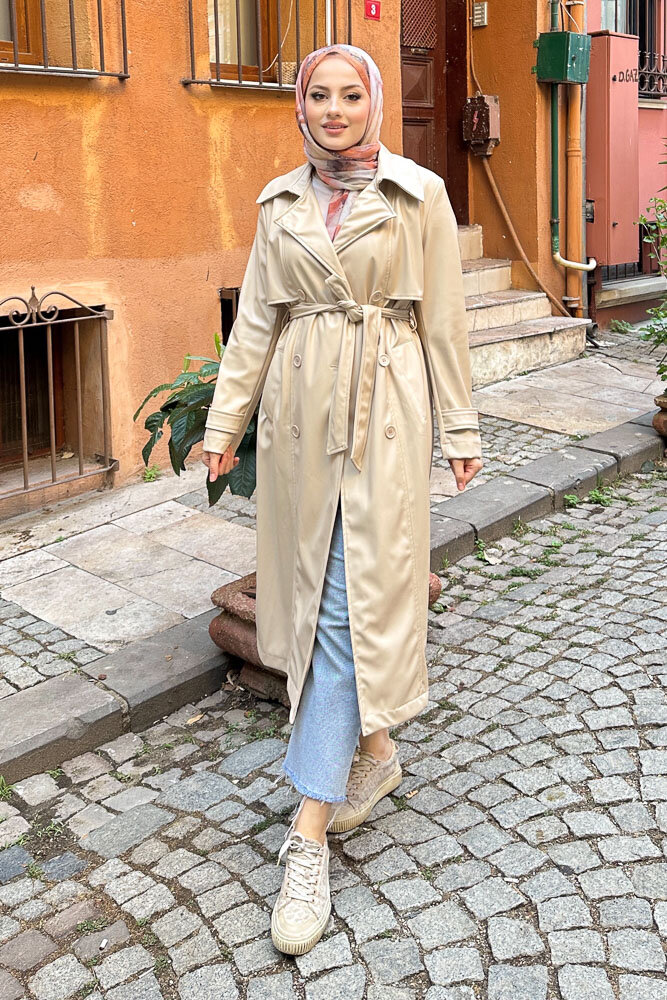 Parçalı Deri Trençkot - Bej - HENZA (3)