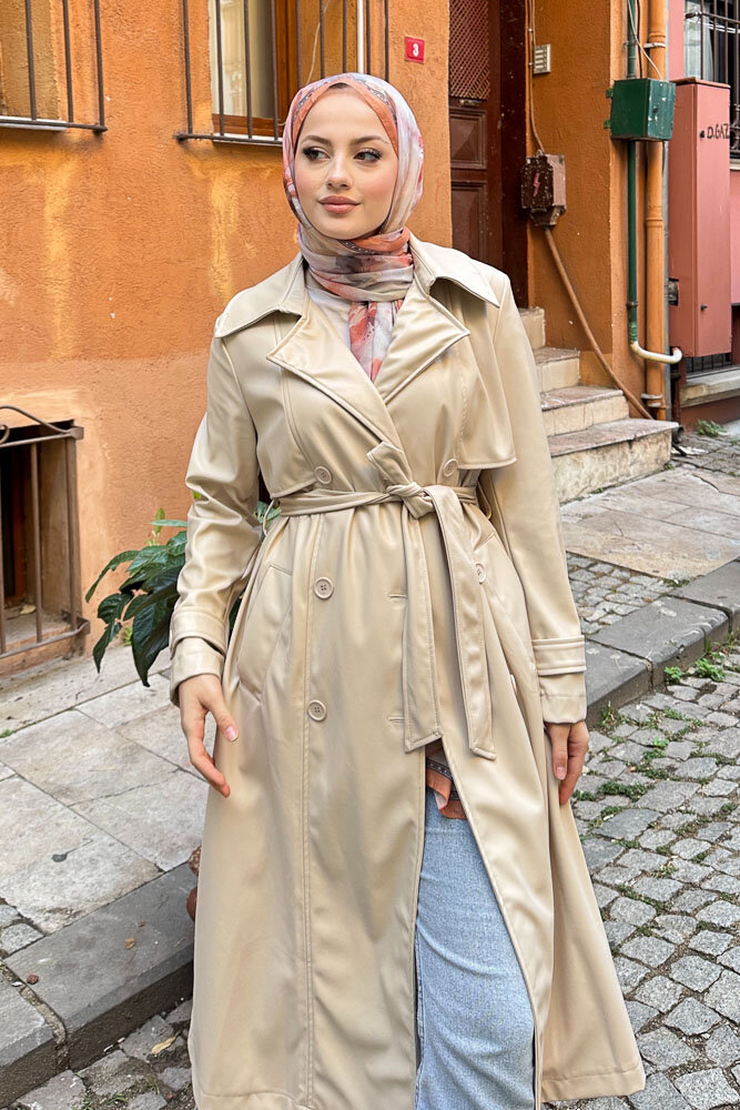 Parçalı Deri Trençkot - Bej - HENZA (4)