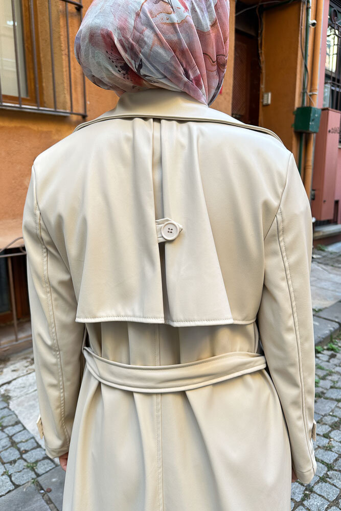 Parçalı Deri Trençkot - Bej - HENZA (2)