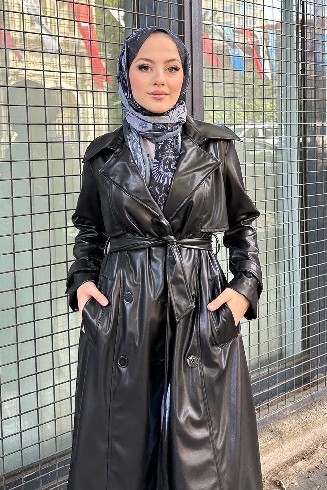 Parçalı Deri Trençkot - Siyah - 7