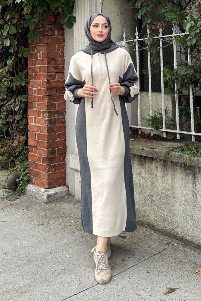 Parçalı Kapüşonlu Triko Elbise - Antrasit - QUB (0)