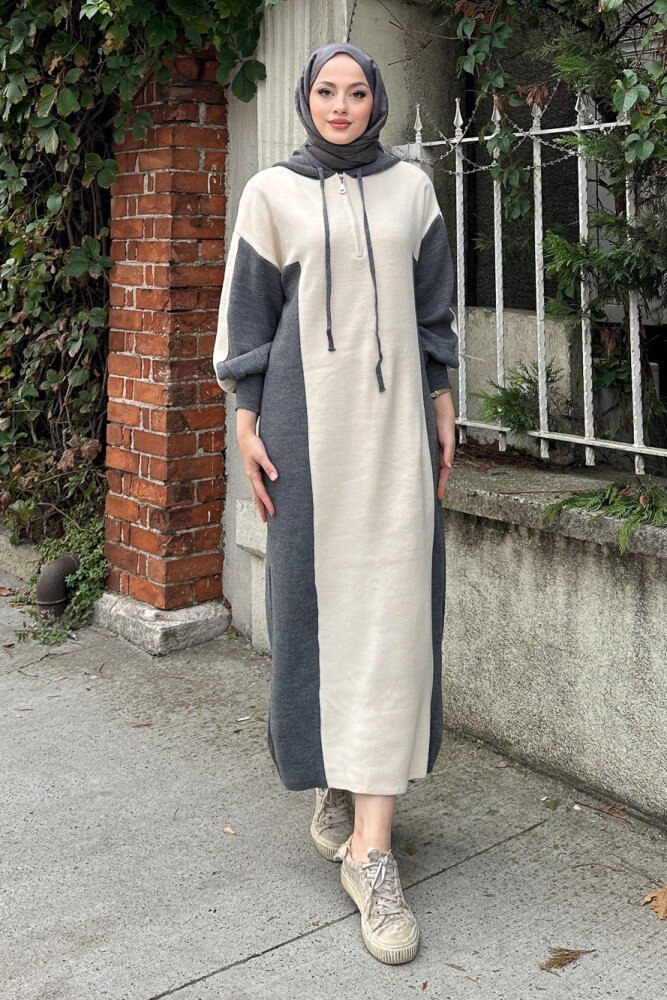 Parçalı Kapüşonlu Triko Elbise - Antrasit - 6