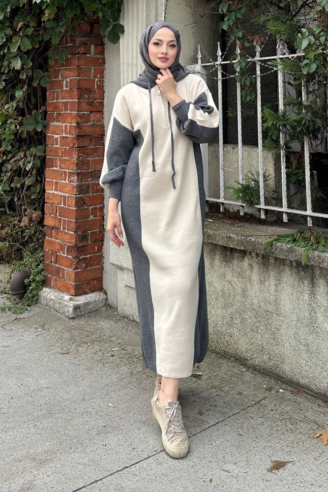 Parçalı Kapüşonlu Triko Elbise - Antrasit - 8