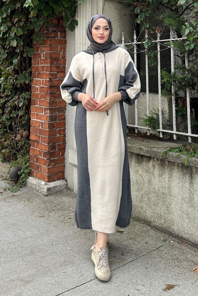 Parçalı Kapüşonlu Triko Elbise - Antrasit - QUB (4)