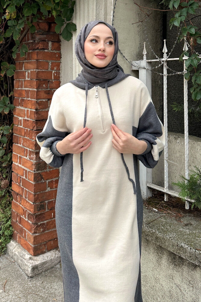 Parçalı Kapüşonlu Triko Elbise - Antrasit - 2