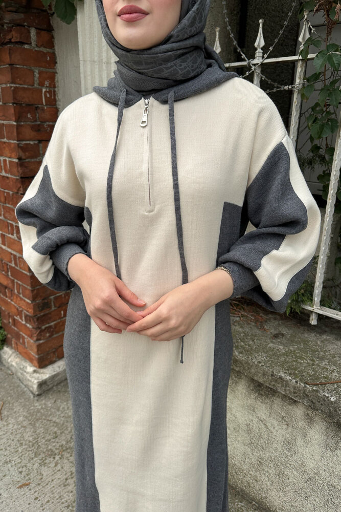 Parçalı Kapüşonlu Triko Elbise - Antrasit - QUB (2)