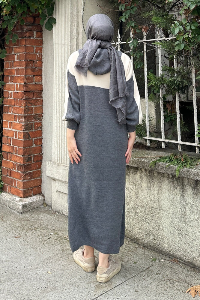 Parçalı Kapüşonlu Triko Elbise - Antrasit - QUB (3)