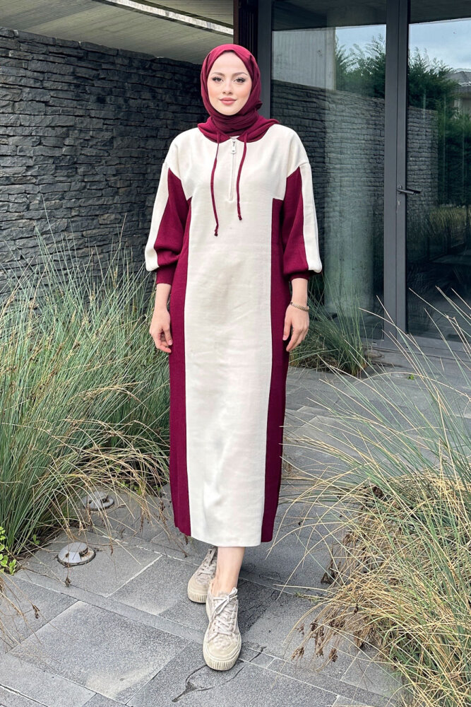 Parçalı Kapüşonlu Triko Elbise - Bordo - QUB (0)